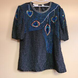 LAURENCE KAZAR NEW YORK WOMENS FANCY BEADED TOP W HEART DESIGNS BLACK SILK 1X